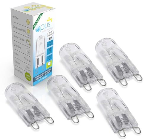 Opus G9 Halogen Bulbs | 28W = Equivalent to 40W Lightbulb | Warm White 2700K | Long Life 2,000-Hrs | Clear Glass Capsule | Dimmable | 2 Pin Light Bulbs | 5-Pack Lightbulbs