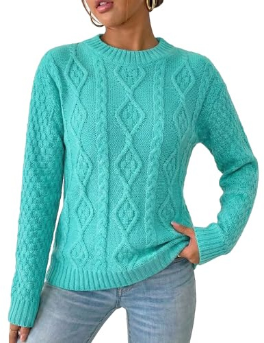 Red Olives Ladies Women’s New Chunky Diamond Cable Knitted Long Sleeve Sweater Pull Over Jumper Top Cable Knit Warm Chunky Sweater Formal Everyday Casual Crew Neck Pullover Tops
