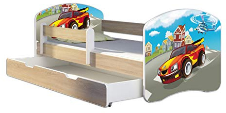 ACMA Kinderbett 140x70 Jugendbett mit Einer Schublade und Matratze, Farbe Sonoma mit Rausfallschutz Lattenrost II Spielbett Kinderzimmer Möbel, 03 Racing Car