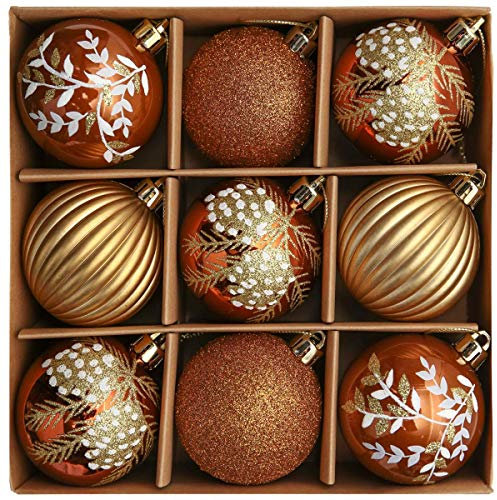 Valery Madelyn Weihnachtskugeln 9 Stücke 6CM Kunststoff Christbaumkugeln Weihnachtsdeko mit Aufhänger Weihnachtsbaumschmuck für Weihnachten Dekoration Wald Thema Kupfergold