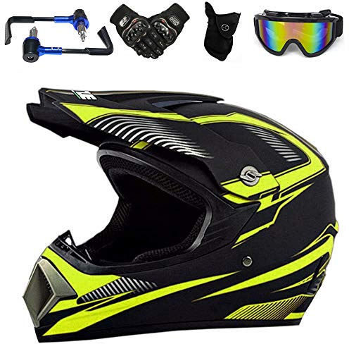 VOMI Casco de moto de motocross, para hombre, casco de ciclomotor, casco todoterreno, protector de manos, gafas, máscara para el polvo, casco completo para mountain bike (rayas amarillas, XL 58-59 cm)