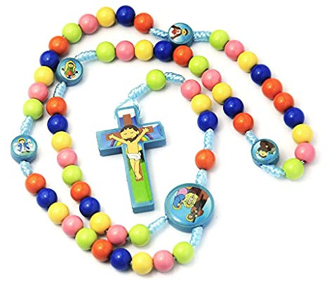 Collier chapelet Kimyu – Pendentif croix Jésus dessin animé – Chapelet catholique enfants filles - Bijoux religieux tendance, 8mm/0.31in, Bois, Perle