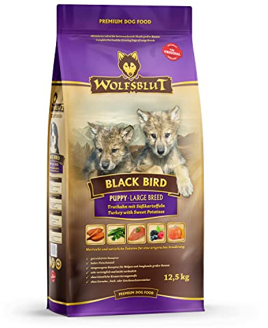 WOLFSBLUT – Black Bird Large Breed Puppy | Trockenfutter mit natürlichen Zutaten für große, heranwachsende Hunde. Getreidefreies Alleinfutter ohne Zusatzstoffe im Beutel | 12,5kg Truthahn