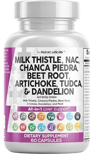 Clean Nutraceuticals Milk Thistle NAC Chanca Piedra Beet Root Artichoke Astragalus Dandelion Root - Liver Cleanse Detox & Repair Supplement Plus TUDCA Choline & Ginger - 1Pack