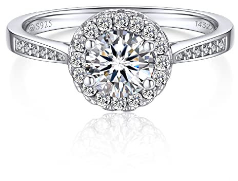 MomentWish Verlobungsring Damen Silber, Geschenk Frau zum Valentinstag, 1 Karat Moissainte Ring frauen Silber 925 Halo Jahrestag Geschenk für sie Freundin mit Geschenkbox-Größe60
