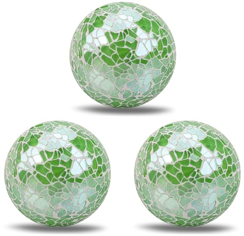 ZningEsxi 2.6 Inch Mosaic Crackl Decor Ball 3 Pcs Glass Solid Sphere for Vases Coffee Table Balls Accessories Party Round Orbs Decoration(Green)