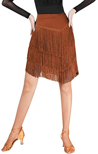 SEAUR Bauchtanz Hüfttuch Fransen Rock Damen Latein Tanzrock Rumba Cha Cha Samba Tanzen Rock Ballsaal Tanzkleid Braun - L
