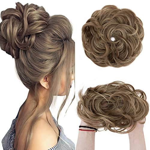 SEGO Chignon Finto per Capelli Elastico Sintetica Ondulato Finti con Posticci Ciambella Messy Hair Bun 55 G Castano chiaro misto biondo cenere