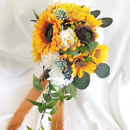 Tkasniy Ramos de boda para novia, ramo de novia de girasol artificial, ramo de novia en forma de gota para decoración de boda vintage francesa