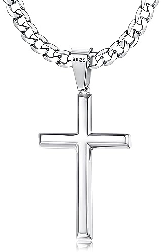 Chriscoco Kreuz Kette 925 Sterling Silber für Herren Damen Halskette Herren | Kreuz Anhänger mit 5MM Edelstahl Kubanische Kette,Silber Kette Herren 925,Kreuzkette,Silberkette,41/46/51/56/61/71/76CM