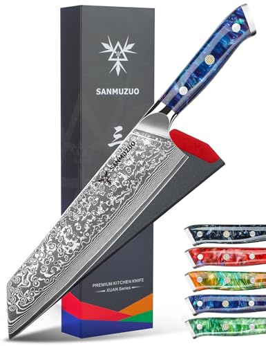 SANMUZUO Couteau Kiritsuke de 22cm - Couteau de Chef en Damas - Japonais en Acier de Damas 67 Couches Couteau de Cuisine - Manche en Résine (Bleu Saphir) - Xuan Série