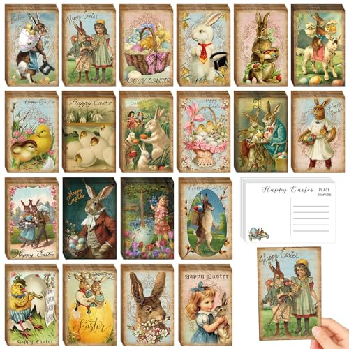 Motipuns 80 biglietti di Pasqua vintage, 10 x 15 cm, assortiti, retrò, biglietti di auguri pasquali coniglietti pulcini, biglietti di auguri pasquali per feste di Pasqua, scuola, casa, ufficio,