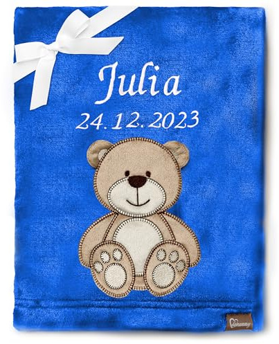 Be Mammy Personalisierte Babydecke mit 3D Applikation Warme Kuscheldecke mit Namen und Geburtsdatum; Perfektes Baby Geschenk; Blanket; Krabbeldecke BE20-280 (Dunkelblau - Bär)