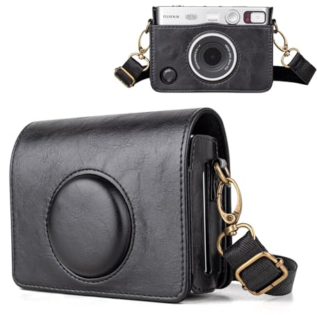 HIYQIN Mini EVO Camera Case, Vintage Leather Case Compatible with Fujifilm Instax Mini EVO, Fuji Instax Mini EVO Cover with Adjustable Strap - Black