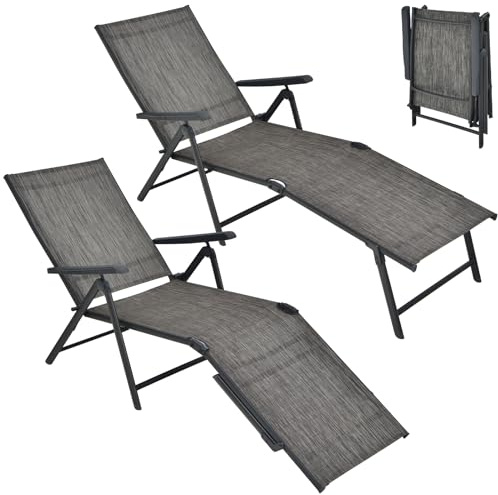 COSTWAY Folding Sun Lounger Set of 2, 5-Position Adjustable Garden Chaise Lounge Chair Sunbed with 2-Level Foldable Legs, Steel Frame Portable Outdoor Reclining Chairs for Patio Beach Camping (Grey)