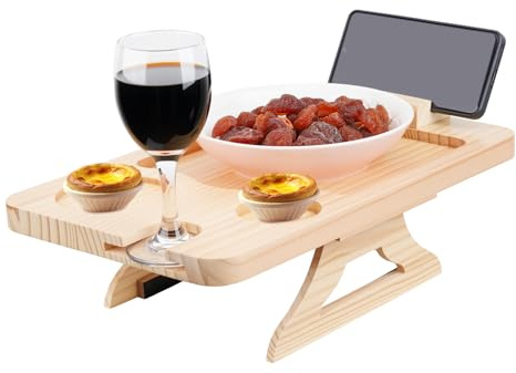 Natural Pine Sofa Armrest Tray,Drink Holder Arm with 360° Rotating Phone Stand. Holds Cups, Phones, Snacks, etc. Foldable & Clip-on Design, Easy to Clean, Organizes Drinks, Remotes & More