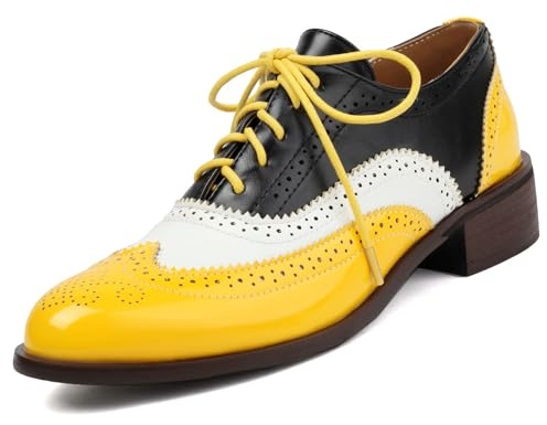Women's Patent Leather Perforated Lace-up Oxfords Multicolor Colorful Brogues Wingtip Derby Shoe Ladies Plus Size Vintage Dress Oxfords-15 Yards (Yellow,11,Women,11)