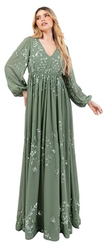 Maya Deluxe Women's Maxi Dress Ladies V-Neck Long Blouson Sleeve Sequin Embellished Empire A-line Wedding Guest Bridesmaid Prom, Dunkles Minzgrün 40