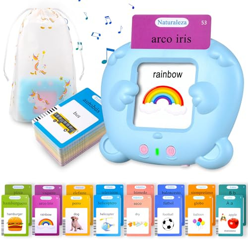 510 Palabras Juguetes niños, 2-6 años, Azul | Tarjetas parlantes bilingües, juego educativo, estimula el lenguaje y la memoria