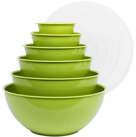 BoxedHome Hellgrün Rührschüsseln mit Deckel, Wiederverwendbare Rührschüssel, 12er-pack Mixing Bowl, Kunststoff Salatschüssel Stapelbar Servierschalen für Küche (6 Schüsseln und 6 Deckel)