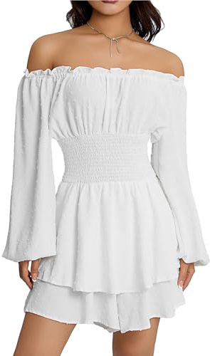 LYSINK Women Tiered Ruffle Dresses Summer Off Shoulder Long Sleeve Mini Dress Chiffon Short Dress Milkmaid Dress (A-a-White, XL)