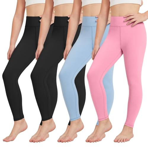 Rolimaka 4 Pack Girls Leggings Kids Athletic Dance Tights Yoga Pants Leggings for Girls Youth Active Running Workout Pants 2Black+Blue+Pink L