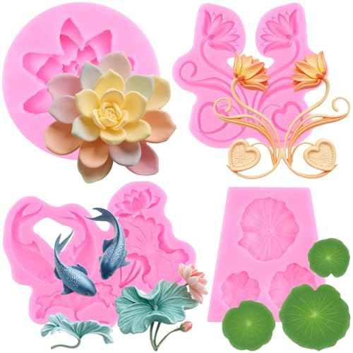 RFGHAC Lotus Flower Silicone Mould Lotus Leaf Fondant Mould Goldfish Chocolate Mould for Cake Decorating Cupcake Topper Candy Polymer Clay Gum Paste Set of 4