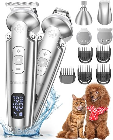 oneisall 4 in 1 Leise Schermaschine Hund Katze, 3-Gang Pfotentrimmer für Hunde bis zu 7000RPM, IPX7 Wasserdichtes Hundeschermaschine&Pfotentrimmer&Krallenschleifer 2000mAh Wiederaufladbar
