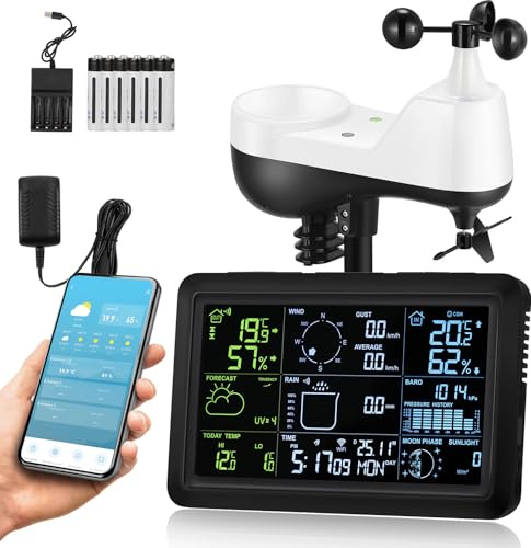 Bonvoisin Wetterstation 7-in-1 mit Solarbetriebenem Funk-Außensensor, WIFI-Farbdisplay, kommt mit 2 Batteriesätzen und Ladegerät als Backup, einfache Installation (EU)