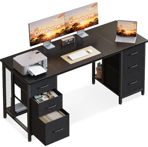 Coleshome Bureau avec 6 Tiroirs et Rangement, 160x52cm, Noir