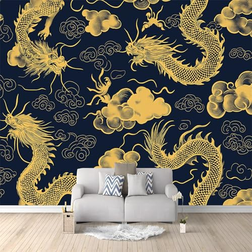Chinese Style Golden Dragon Auspicious Clouds Photo Wallpaper Dark Blue Wall Mural Photo Wallpaper, Wallpaper Mural Wall Art for Living Room Bedroom Children's Room Corridor 400 x 280 cm