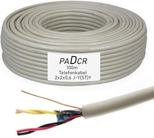 PADCR J-Y(St) Y Telefon-Verlegekabel 2x2x0,6 mm (4-adrig), 100m – Abgeschirmte Telefonleitung & Signalleitung – Unterputz Fernmeldekabel für Telefon, DSL & Klingel, Brandklasse Eca, Grau
