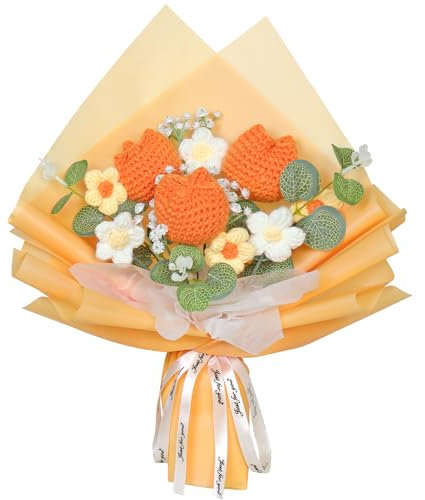 Dremisland Bouquet di Fiori Lavorati a Maglia All'uncinetto Tulipani Artificiali Realizzato a Mano Rifinito a Mano Bouquet di Tulipani Finti per Anniversario Laurea Festa Della Mamma
