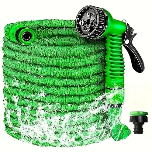 TECHZOCO Manguera extensible de jardín, Manguera de agua extensible, Manguera riego a presión, Fabricada en Polipropileno, 7 modalidades de riego, Inclye pistola, Verde, Extensible hasta 10 Metros
