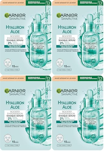 GARNIER Skin Active - Masque Tissu Booster d'Hydratation - Hydrate La Peau En 15 min - Acide Hyaluronique, Glycérine, Aloe Vera - Vegan & Cruelty Free - Tissu Compostable - Peaux Sèches & Sensibles