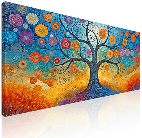 CheQuadro! Quadro moderno soggiorno, quadro grande, Albero Della Vita Fiori Colorati Astratti, avt18 quadro stampato su tela pronto da appendere 170x80 cm