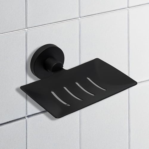 IPEA Portasapone Adesivo da Parete in Metallo Nero - Non Necessita Foratura - Design Moderno - Porta Sapone da Muro da Incollare in Bagno, Doccia, Cucina, Casa - Porta Saponetta o Spugna - Autodesivo