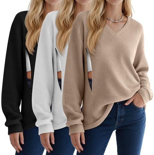 Sweetyweee 3 Pack Women's Oversized Nursing Tops Waffle Knit V Neck Breastfeeding Long Sleeve Shirts Hidden Zipper Sweatshirt(Khaki, White, Black,Large)