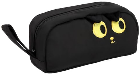 MOTIBACK Federmäppchen Niedliche Katze Grossem Fassungsvermögen 2 Fächer Leinwand Federmäppchen für Mädchen Tragbar witzig Schulmäppchen Geschenke (Gesticktschwarzkatze, 23x14x3cm)