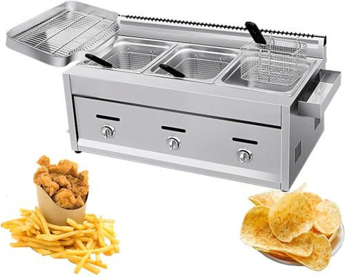 Friteuse à Gaz Commerciale, Friteuse en Acier Inoxydable avec Bac D'égouttage, Paniers à Friture et Couvercles, Puissance de feu Réglable, Double Cylinder/Triplecylinder