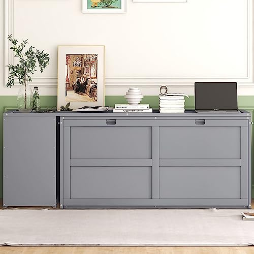 GDFStudio Boden Queen Size Murphy Bed with 2 Storage Shelves, Queen Size Murphy Bed, Solid Wood Frame with Rotable Desk, Resembles as Storage Cabinet, Space Saving Design for Small Space Dorm, Gray