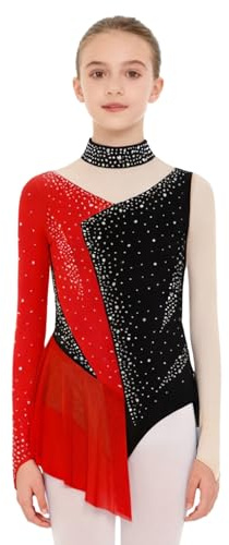 inlzdz Mädchen Glitzer Eiskunstlauf Kleid Langarm Tanzkleid Farbblock Kürkleider Tanzanzug Trikot mit Rock Kinder Tanzkleidung