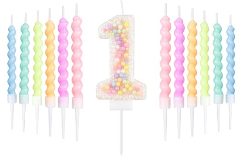 Set de velas de 1 año cumpleaños de Macarón blanco,decoración 1st de cumpleaños para niños y niñas,número 1 vela para pastel,Vela arco iris para decoración de fiesta de chica y chico,Duchas para bebés
