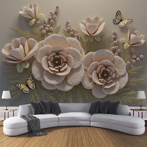 Carta Da Parati Effetto 3D Rilievo Fiori 300×210cm Fotomurali Non Tessuto, Fiori Farfalle Decorazione Poster Arte Murale Moderna per Casa Ufficio Camera Da Letto Soggiorno