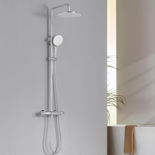 Auralum Columna Ducha Termostatica,Duchas de Baño Conjunto con Grifo,Cabezal de Ducha Lluvia 250x250mm,Alcachofa de Ducha con 3 Modo y Barra de Ducha Altura Adjustable,Cromado