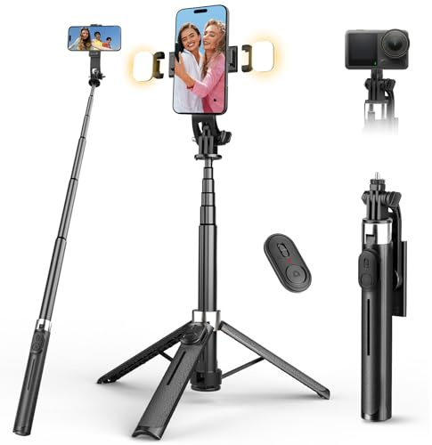 RISEOFLE 43'' Selfie Stick Tripod with Light, All-in-One Portable & Extendable Cell Phone Tripod Stand with Wireless Remote, Selfie Stick for iPhone/Samsung/Smartphone/Camera