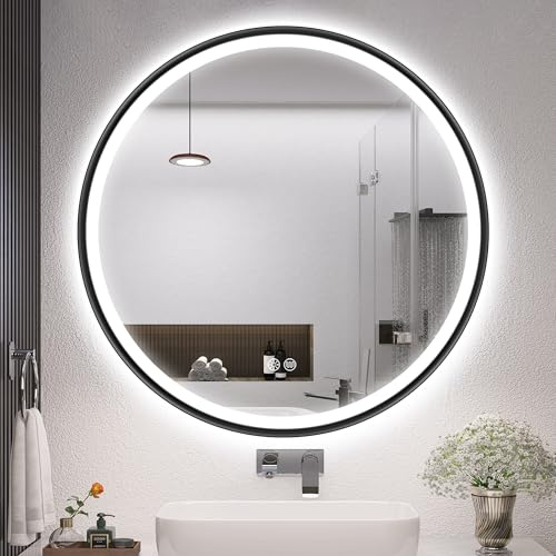 S'bagno Badspiegel mit Beleuchtung 70cm, Schwarz Aluminiumrahmen | Spiegel Rund mit Beleuchtung, Entfoggen, 3000-6500K, HD-Gehärtetes Glas, IP44 Bad Spiegel mit Licht Memory-Funktion