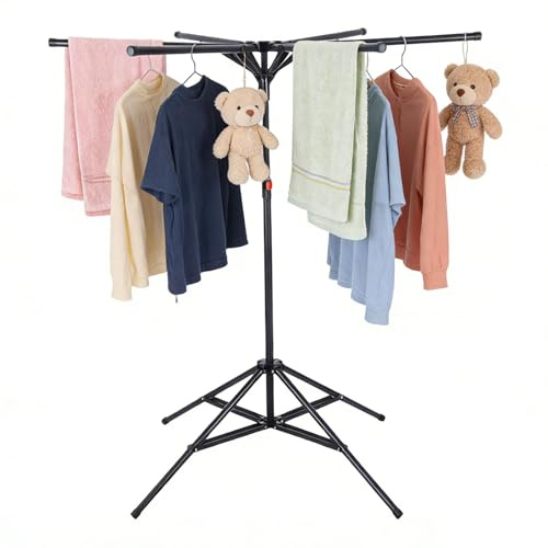 Chingcoo Standtrockner Wäscheständer Hoch Klappbar mit 6 Flügeln,Wäschespinne Wäschetrockner Ständer aus Stahl, Höhenverstellbar 120–170 cm, Faltbar für Balkon Drinnen Draußen (6-Armen-Schwarz)