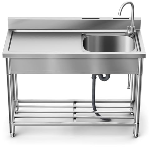 Edelstahl Spültisch 90×50×100CM, Freistehende Küchenspüle 1 Becken, Gewerbliche Spülbecken Mit Wasserhahn Kalt Und Warmwasserschläuchen, Für Waschküche Outdoorküche Gastro Geschäft Restaurant