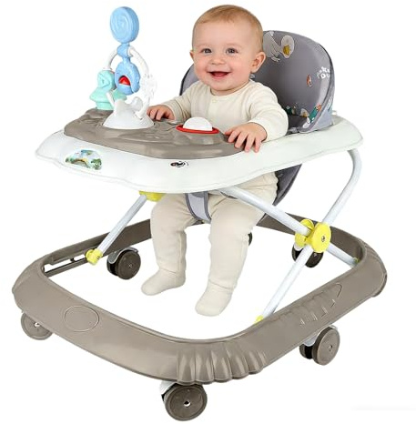 4-in-1-Baby-Lauflernhilfe, faltbare Baby-Lauflernhilfe mit interaktivem Spieltisch mit Geräuschen,Kippschutz,Gehhilfe mit Silikonrädern und 4 Höheneinstellungen,6 bis 18 Monaten (Kaki-67 * 72 * 92cm)